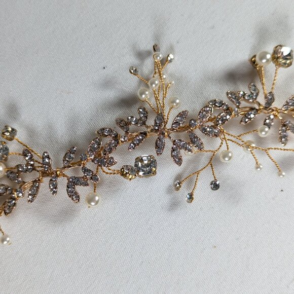 Summer Goddess bridal headband, wedding accessory hairstyle gold pearl crystals - Picture 10 of 11